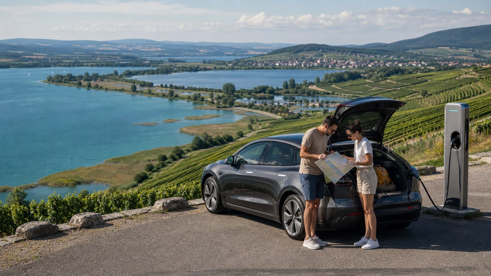 Road trip Tesla des 3 lacs : Neuchâtel, Morat, Bienne — itinéraire complet 2026
