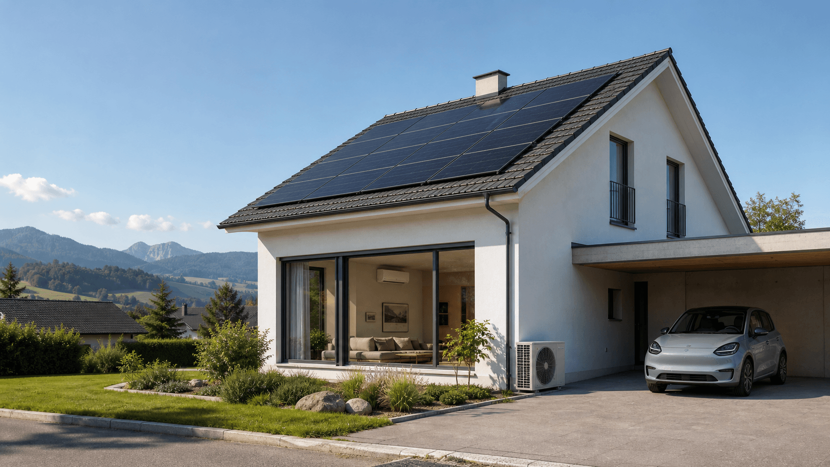 Maison suisse avec panneaux photovoltaïques et installation de climatisation réversible